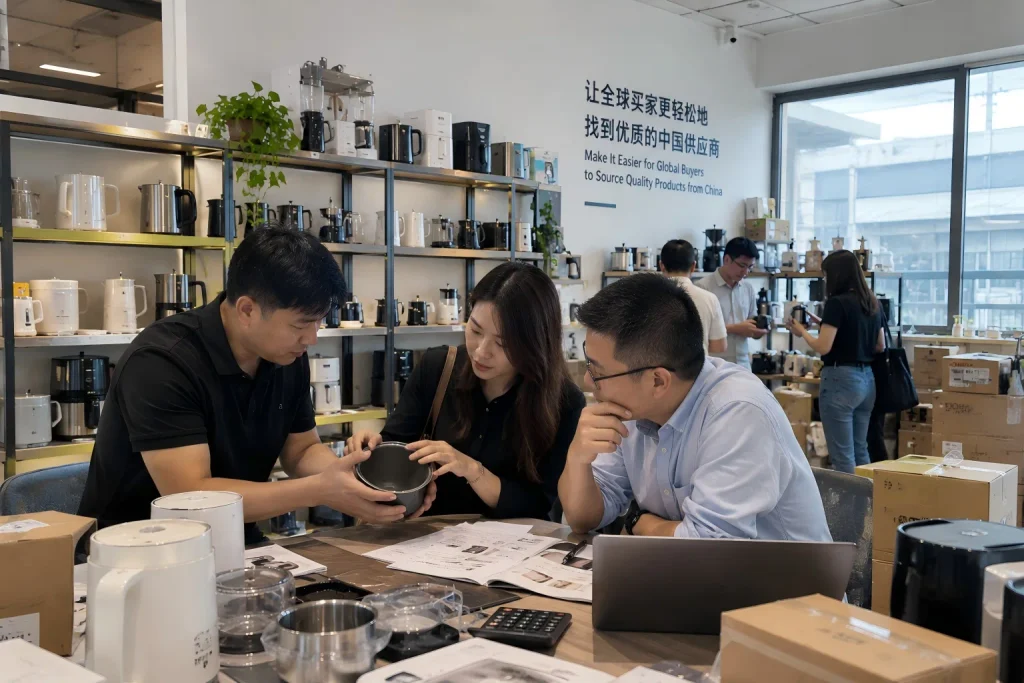 China sourcing team reviewing product samples with overseas buyer